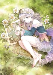  absurdres atelier_(series) atelier_totori back_bow bare_shoulders barefoot blue_sleeves bow dress feet female fetal_position flower grey_eyes grey_hair hair_spread_out highres kishida_mel legs long_hair lying map official_art skirt solo tiara totooria_helmold 