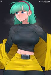  aqua_hair black_background blue_eyes breasts bulma_briefs commentary cowboy_shot dragon_ball english_commentary eyelashes female flytrapxx highres hot jacket large_breasts lips long_sleeves looking_to_the_side midriff parted_lips patreon_username removing_jacket short_hair simple_background solo steam steaming_body sweat undressing yellow_jacket 
