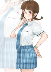  akizuki_ritsuko antenna_hair blue_necktie blue_skirt braid breast_pocket breasts brown_eyes brown_hair collared_shirt cowboy_shot female finger_to_cheek glasses hand_on_own_hip hand_up heart highres idolmaster idolmaster_(classic) looking_at_viewer low_twin_braids medium_breasts medium_hair miniskirt necktie plaid_clothes plaid_necktie plaid_skirt pleated_skirt pocket red-framed_eyewear rough_time_school_(idolmaster) shirt shirt_tucked_in short_braid short_sleeves sidelocks simple_background skirt smile solo tented_shirt three_quarter_view tsurui twin_braids white_shirt wrist_belt zoom_layer 