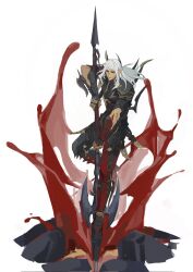  1boy armor armored_legwear betulaer black_armor blood blood_on_armor blood_on_body breastplate closed_mouth dragoon estinien_varlineau faulds final_fantasy final_fantasy_xiv full_body gauntlets highres holding holding_polearm holding_weapon long_hair long_pointy_ears looking_down male_focus pauldrons pointy_ears polearm shoulder_armor simple_background solo spiked_armor weapon white_background white_hair 