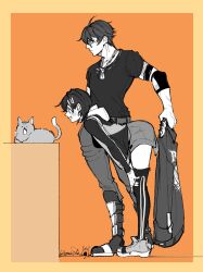  03_kyv 1boy artist_name belle_(zenless_zone_zero) bent_over black_jacket black_shirt black_thighhighs border commentary_request dog_tags earrings feline female from_side grey_cat greyscale_with_colored_background hair_between_eyes highres holding holding_unworn_clothes holding_unworn_jacket jacket jewelry lighter_(zenless_zone_zero) looking_at_animal monochrome orange_background shirt short_hair sunglasses thighhighs unworn_jacket yellow_border zenless_zone_zero 