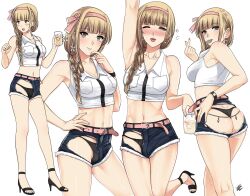  armpits ass ass_cutout belt blunt_bangs blush braid braided_ponytail breasts bulge cleavage clothing_cutout come_hither commentary cowboy_shot crop_top cup drunk earrings female flirting full_body futa_without_pussy futanari headband high_heels highres holding holding_cup jewelry long_eyelashes midriff nut-chan_(xter) original panties short_shorts shorts smile symbol-only_commentary tongue tongue_out underwear watch xter 
