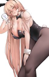 absurdres animal_ear_hairband animal_ears bare_shoulders bent_over black_bow black_bowtie black_leotard blonde_hair blush bow bowtie breasts brown_pantyhose commentary detached_collar embarrassed fake_animal_ears fake_tail female hair_between_eyes hairband half-closed_eyes highleg highleg_leotard highres large_breasts leotard long_hair looking_at_viewer nekozane_ryo nijisanji nui_sociere oerba_yun_fang open_mouth pantyhose playboy_bunny rabbit_ear_hairband rabbit_ears rabbit_tail simple_background skin_fang solo spoken_sweatdrop strapless strapless_leotard sweatdrop tail thighs very_long_hair virtual_youtuber wavy_mouth white_background wing_collar wrist_cuffs yellow_eyes 
