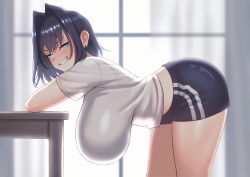 alternate_costume arm_support bent_over bent_over_furniture black_hair black_shorts blue_eyes blue_hair blush breasts cipher4109 desk dolphin_shorts female hair_intakes hanging_breasts highres hololive hololive_english indoors large_breasts looking_at_viewer midriff mole multicolored_hair ouro_kronii shirt short_hair short_shorts shorts smile solo table thighs virtual_youtuber white_shirt 