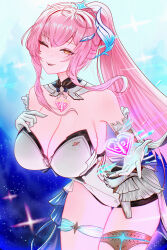  aemeath_(wuthering_waves) alternate_breast_size_(larger) bare_shoulders breasts commentary elbow_gloves female gloves hair_ornament hand_on_own_chest highres large_breasts leotard long_hair looking_at_viewer mcdobo one_eye_closed orange_eyes paid_reward_available parted_lips pink_hair ponytail smile solo strapless strapless_leotard tacet_mark_(wuthering_waves) thighs white_gloves white_leotard wuthering_waves 