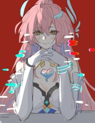  .osari aemeath_(wuthering_waves) bad_id bad_twitter_id bare_shoulders breasts closed_mouth commentary elbow_gloves female glitch gloves hair_ornament highres just_monika_(meme) long_hair looking_at_viewer medium_breasts meme orange_eyes pink_hair red_background signature smile solo tacet_mark_(wuthering_waves) white_gloves wuthering_waves 