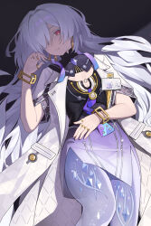  absurdres breasts colored_eyelashes commentary_request dress earrings feet_out_of_frame female grey_hair hair_over_one_eye highres id_card jacket jewelry long_hair looking_at_viewer mornye_(wuthering_waves) parted_lips partial_commentary purple_dress red_(pixiv_17180499) red_eyes see-through_body small_breasts solo triangle_earrings very_long_hair white_jacket wuthering_waves 