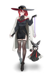  absurdres alternate_costume black_gloves black_hat black_shirt black_skirt black_thighhighs breasts circle_facial_mark closed_mouth coat coat_on_shoulders commentary ehmk_1 eyewear_on_headwear facial_mark female full_body gloves hand_up hat highres long_hair looking_at_viewer mark_under_both_eyes medium_breasts pointy_ears purple_eyes red_hair shirt side_slit skirt smile solo sunglasses tacet_mark_(wuthering_waves) thighhighs white_coat wuthering_waves yinlin_(wuthering_waves) zapstring_(wuthering_waves) 