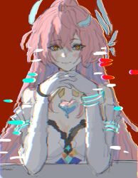  .osari aemeath_(wuthering_waves) bare_shoulders breasts closed_mouth commentary elbow_gloves female glitch gloves hair_ornament highres just_monika_(meme) long_hair looking_at_viewer medium_breasts meme orange_eyes pink_hair red_background revision signature smile solo tacet_mark_(wuthering_waves) white_gloves wuthering_waves 