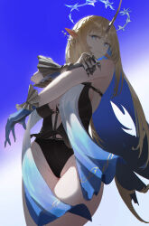  absurdres bare_shoulders black_dress blonde_hair blue_eyes blue_hair breasts colored_inner_hair commentary cowboy_shot crown_of_thorns dress earrings female fleurdelys_(wuthering_waves) floating_earrings groin highres horns jewelry large_breasts long_horns looking_at_viewer multicolored_hair pointy_ears sidelocks single_horn solo tacet_mark_(wuthering_waves) thighs wuthering_waves yellow_horns zhazero7 