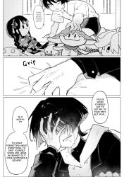  1boy aether_(genshin_impact) alternate_costume alternate_universe aranara_(genshin_impact) bent_over blunt_ends casual character_doll choppy_bangs clenched_teeth clutching_blanket contemporary crying curtains doll durin_(genshin_impact) english_text fingernails genshin_impact greyscale hair_intakes hand_up highres holding holding_stuffed_toy hood hood_down hoodie indoors long_sleeves male_focus mini_durin_(genshin_impact) monochrome musou_isshin_(genshin_impact) open_hand raiden_shogun scaramouche_(genshin_impact) shirt short_hair shorts solo speech_bubble stuffed_toy tears teeth turtleneck turtleneck_shirt undershirt veins veiny_hands wing_collar yaginori 