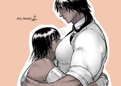  2boys age_difference armlet bara big_pecs blush dark-skinned_male dark_skin embrace face_in_chest fully_clothed gaolang_wongsawat head_between_pecs height_difference hug hugging kengan_(series) kengan_ashura long_hair long_hair_male looking_at_another low-tied_long_hair low_ponytail male male_only muscular muscular_male pecs profile rama_xiii restricted_palette sleeves_rolled_up ss_fanart upper_body yaoi 