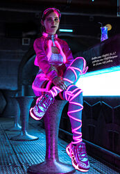  3d 3d_(artwork) bar boob_window brown_hair cleavage cleavage_cutout clothed cyberpunk ellie_(the_last_of_us) ellie_williams female female_focus female_only freckles hi_res highres looking_at_viewer naughty_dog neon neon_lights short_hair solo solo_female solo_focus sony_interactive_entertainment steffih_daz the_last_of_us the_last_of_us_2 