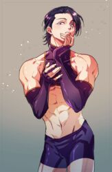  1boy abs bare_midriff bishonen bishounen chinese_clothes crop_top dark_hair elbow_gloves fighter fingernails gloves kengan_(series) kengan_ashura kitami28 male male_only martial_arts_uniform muscular nikaido_ren purple_hair revealing_clothes shorts skin_tight solo tight_clothing twunk 