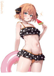  bare_arms bare_shoulders bikini black_bikini black_ribbon blue_eyes blush brown_hair commentary_request cropped_legs ebifurya female food groin hachijou_(kancolle) hair_between_eyes hair_intakes hair_ribbon hand_up highres holding holding_food holding_swim_ring innertube kantai_collection looking_at_viewer navel parted_lips polka_dot polka_dot_bikini popsicle ribbon short_hair simple_background solo swim_ring swimsuit twitter_username watermelon_bar white_background 