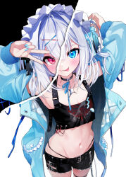  1boy :p absurdres bare_shoulders belt black_background black_belt black_choker black_panties black_shorts blue_eyes blue_jacket blue_nails blue_ribbon choker closed_mouth collarbone commentary_request cowboy_shot crop_top crossed_bangs eyelashes foreshortening furrowed_brow grey_hair groin hair_between_eyes hair_intakes hair_ornament hands_up headphones heterochromia highleg highleg_panties highres jacket kamisama_choose!_sensei_onna_no_ko_niatteru_yo! kurimochi_chizuru male_focus medium_hair nail_polish navel neck_ribbon oerba_yun_fang official_art open_clothes open_jacket panties red_eyes ribbon shirahato_inori shorts skin_fang skindentation sleeves_past_wrists smile stomach thigh_strap tongue tongue_out trap two-tone_background underwear v v_over_eye white_background x_hair_ornament 