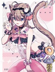  animal_ears bikini black_bikini black_hairband blue_eyes breasts brown_hair cat_ears cat_girl cat_tail commentary_request female frilled_bikini frills green_eyes hairband highres holding holding_swim_ring honkai_(series) honkai_impact_3rd official_alternate_costume pardofelis pardofelis_(midsummer_collector) paw_pose pino_(pino2452) short_hair_with_long_locks solo stomach swim_ring swimsuit tail 