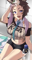  :d absurdres animal_ears aqua_necktie arm_up bare_shoulders black_shorts bottle breasts brown_hair brown_shirt collarbone collared_shirt commentary_request ear_ornament ear_piercing eros_no_kami female groin highres holding holding_towel horse_ears horse_girl jacket large_breasts locker locker_room looking_at_viewer mejiro_ryan_(umamusume) midriff multicolored_hair navel necktie off-shoulder_shirt off_shoulder open_mouth piercing purple_eyes shadow shirt short_hair short_shorts short_sleeves shorts sidelocks sitting smile solo sweat teeth tied_shirt towel towel_around_neck two-tone_hair umamusume unworn_jacket upper_teeth_only water_bottle white_hair wiping_sweat 