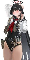  absurdres alternate_costume belt black_hair black_halo black_one-piece_swimsuit blue_archive blue_sailor_collar blush chest_rig commentary cowboy_shot female fte_(fifteen_199) gloves halo highleg highleg_leotard highres holster leotard long_hair long_sleeves magazine_(weapon) neckerchief one-piece_swimsuit parted_lips red_eyes red_neckerchief rio_(blue_archive) sailor_collar shirt simple_background solo swimsuit swimsuit_under_clothes tourniquet unworn_gloves utility_belt utility_vest vest white_background white_shirt 