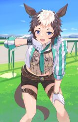  :d absurdres animal_ears aqua_necktie aqua_sleeves belt black_shorts blue_eyes blue_sky bracelet breasts brown_belt brown_hair brown_shirt clothes_writing cloud collared_shirt commentary_request cowboy_shot day ear_ornament ear_piercing female gloves groin hair_between_eyes highres horse_ears horse_girl horse_tail jacket jewelry large_breasts leaning_forward looking_at_viewer madori_(madori151) mejiro_ryan_(umamusume) midriff multicolored_hair necktie open_clothes open_jacket open_mouth outdoors piercing racetrack shadow shirt short_hair short_shorts shorts sidelocks sky smile solo standing sweat tail teeth thigh_belt thigh_strap tied_shirt two-tone_hair umamusume upper_teeth_only white_gloves white_hair white_jacket 