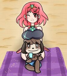  2018 3_toes 5_fingers animal_crossing anthro bangs beach bent_legs big_breasts black_nose black_one-piece_swimsuit blue_clothing blue_swimming_trunks blue_swimwear blush boob_hat breasts brown_body brown_ears brown_eyebrows brown_fur brown_hair canid canine canis closed_smile clothed clothed_anthro clothed_female clothed_male clothing colored colored_nails cookieboy011 crossover digby_(animal_crossing) digital_drawing_(artwork) digital_media_(artwork) domestic_dog duo ear_piercing english_description eyebrow_through_hair eyebrows eyelashes eyelashes_through_hair feet female female_human fingernails fingers floppy_ears fluffy_ears freckled_face freckles fur gesture hair hand_gesture hands_on_shoulders head_accessory human larger_female larger_human light lighting lop_ears male male_anthro mammal medium_hair mouth_closed nails nintendo one_eye_closed outside piercing pink_freckles pink_hair purple_towel pyra_(xenoblade) red_eyes red_fingernails red_nails sand shaded shih_tzu short_hair sitting sitting_on_towel size_difference smaller_anthro smaller_male smile smiling_at_viewer swimming_trunks swimwear tan_body tan_skin thumbs_up toes topless topless_anthro topless_male towel toy_dog translucent translucent_hair xenoblade_(series) 