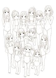  6+girls arm_up bikini bob_cut breasts closed_mouth collarbone crossed_arms double_v flat_chest greyscale groin hair_between_eyes hair_ornament hair_ribbon hairclip highres kusanagi_koyori lolicon long_hair looking_at_viewer low_twintails micro_bikini milk_tissue_girl monochrome multiple_girls navel open_mouth palms_together ponytail ribbon short_hair short_twintails side_ponytail small_breasts smile swimsuit toddler twintails v white_background 