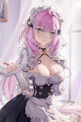  absurdres apron black_dress blue_eyes breasts cake cake_slice chinese_commentary cleavage commentary_request curtains dress elysia_(honkai_impact) elysia_(miss_pink)_(honkai_impact) elysia_(miss_pink_elf)_(honkai_impact) female flag888 food gloves headdress highres holding holding_plate honkai_(series) honkai_impact_3rd indoors large_breasts long_hair looking_at_viewer maid_headdress official_alternate_costume parted_lips partial_commentary pink_hair pink_pupils plate pointy_ears sidelocks smile solo very_long_hair white_gloves window 