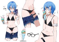  absurdres alternate_hairstyle belly bikini black-framed_eyewear black_bikini black_nails blue_hair bow bow_earrings cellphone commentary denim denim_shorts earrings food glasses highres holding holding_food holding_ice_cream_cone holding_phone hololive hoshimachi_suisei ice_cream_cone jewelry licking multiple_views nail_polish navel o-ring o-ring_bikini phone short_hair shorts smartphone smartphone_case solo star_(symbol) star_in_eye swimsuit symbol-only_commentary symbol_in_eye thigh_strap virgo76612871 virtual_youtuber 