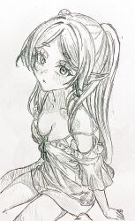  absurdres alternate_costume blush bow bra breasts collarbone commentary_request earrings eyelashes female frieren from_above greyscale highres jewelry kaatan long_hair looking_at_viewer looking_up medium_breasts monochrome off-shoulder_shirt off_shoulder parted_lips shirt shirt_bow short_sleeves sidelocks sitting solo sousou_no_frieren strap_slip teardrop_earrings traditional_media twintails underwear wariza 