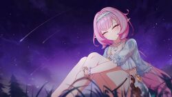  absurdres bare_legs bikini bracelet closed_eyes closed_mouth elf elysia_(honkai_impact) elysia_(miss_pink_elf)_(honkai_impact) elysia_(summer_miss_elf)_(honkai_impact) female hairband henjiwumei highres honkai_(series) honkai_impact_3rd jewelry legs long_hair necklace night night_sky official_alternate_costume on_grass pearl_necklace pink_hair pointy_ears see-through_clothes see-through_sleeves shell shell_necklace shooting_star sitting sky smile solo swimsuit thigh_strap white_bikini white_hairband 