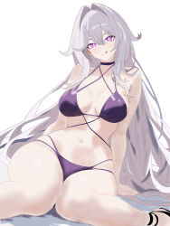  absurdres alternate_costume aquamarine725 bikini black_choker breasts choker commentary_request female hair_intakes highres honkai_(series) honkai_impact_3rd large_breasts licking_lips long_hair navel purple_bikini simple_background sitting solo stomach swimsuit thelema_nutriscu thighs tongue tongue_out very_long_hair wariza white_background white_hair 
