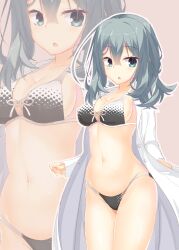  absurdres aqua_eyes aqua_hair bikini black_bikini blush breasts cleavage clip_studio_paint_(medium) coat collarbone commentary_request covered_nipples cowboy_shot cowlick crossed_bangs curvy eyelashes female groin hair_between_eyes highres lab_coat large_breasts light_blush long_hair long_sleeves looking_at_viewer makochan42 multi-strapped_bikini_bottom multicolored_bikini navel official_alternate_costume open_clothes open_coat open_mouth outline pink_background riddle_joker shikibe_mayu simple_background solo stomach swimsuit thighs two-tone_bikini white_bikini white_outline zoom_layer 