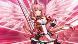  angel_wings armor bare_shoulders black_gloves breasts cleavage covered_navel cowboy_shot dress exs-tia_chevalier_(exs-tia_r) feathered_wings female floating_hair game_cg gloves grin hair_between_eyes headgear high_ponytail holding holding_sword holding_weapon inoino kouyoku_senki_exs-tia large_breasts long_hair looking_at_viewer medium_breasts non-web_source official_art parted_lips pink_hair pink_wings pleated_skirt ponytail purple_eyes rieszverne_suzette_paladill skirt smile solo standing sword thighhighs very_long_hair weapon wings 