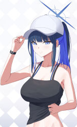  absurdres argyle_background arm_up bare_shoulders baseball_cap black_camisole black_hair blue_archive blue_eyes blue_hair blunt_bangs blush breasts camisole camisole_lift cleavage closed_mouth clothes_lift collarbone colored_inner_hair commentary female groin halo hand_on_headwear hat highres large_breasts lifting_own_clothes long_hair looking_at_viewer multicolored_hair navel no_mask official_alternate_costume ponytail saori_(blue_archive) saori_(swimsuit)_(blue_archive) senkuma777 sleeveless solo standing stomach upper_body white_hat wristband 