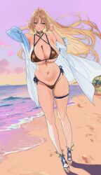 absurdres alternate_costume armpits beach bikini blonde_hair blue_eyes blush breasts choker cleavage collarbone dt_psyki dutch_angle female fleurdelys_(wuthering_waves) groin hair_intakes high_heels highres horns large_breasts long_hair multi-strapped_bikini_top navel ocean off_shoulder pink_sky pointy_ears sand shirt side-tie_bikini_bottom single_horn skindentation sky solo swimsuit tacet_mark_(wuthering_waves) thigh_strap walking white_shirt wuthering_waves 