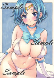  bikini bishoujo_senshi_sailor_moon blue_choker blue_eyes blue_hair blue_sailor_collar blush choker detached_collar female gloves jewelry magical_girl miyakooo0420 mizuno_ami sailor_collar sailor_mercury sailor_senshi_uniform short_hair skirt swimsuit traditional_media white_gloves 