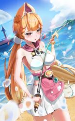  absurdres alice_thymefield alice_thymefield_(sea_of_thyme) animal_ears beach blonde_hair bracelet breasts building cleavage commentary cowboy_shot female gang_ryeol heterochromia highres hip_vent holding holding_sword holding_weapon jewelry long_hair looking_at_viewer low_twintails ocean official_alternate_costume pleated_skirt rabbit_ears rabbit_girl rapier red_eyes skirt solo sphere_hair_ornament swimsuit sword twintails weapon white_skirt yellow_eyes zenless_zone_zero 