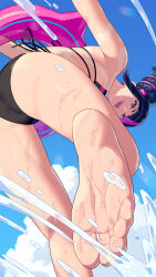  ass barefoot bikini black_bikini black_hair cloud cone_hair_bun feet female green_eyes hair_bun hair_horns heterochromia highres inflatable_toy juri_han multicolored_hair pink_hair purple_eyes short_hair sky street_fighter street_fighter_6 swimsuit tongue tongue_out two-tone_hair water wet yagi2013 