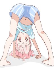  :o all_fours bare_legs barefoot bent_over blue_male_underwear boxers brown_eyes dot_nose feet female from_behind highres kneepits light_blush long_hair looking_at_viewer looking_back looking_through_own_legs male_underwear navel onii-chan_wa_oshimai! open_mouth oyama_mahiro pink_hair pinstripe_pattern riannn_desu shirt short_sleeves simple_background solo striped_clothes striped_male_underwear underwear upshirt upside-down vertical-striped_clothes white_background white_shirt 