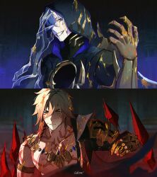  2boys armlet bare_pectorals black_cloak black_coat blonde_hair blood blood_splatter braid clawed_gauntlets cloak coat commentary_request crystal dark_persona earrings english_commentary flame_reaver_of_the_deepest_dark gold_armlet gold_earrings gold_necklace gradient_hair hair_between_eyes highres honkai:_star_rail honkai_(series) hood hood_up hooded_cloak jewelry looking_at_viewer male_focus medium_hair moonya multicolored_hair multiple_boys mydei_(honkai:_star_rail) necklace open_clothes open_coat pectorals phainon_(honkai:_star_rail) red_hair red_tattoo side_braid toned toned_male twitter_username upper_body white_hair yellow_blood yellow_eyes 