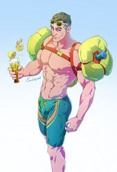  bulge daddy drink evinist floaties male male_only muscles muscular muscular_male overwatch overweight shirtless_male sigma_(overwatch) summer swimsuit 