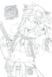  absurdres bandaid bandaid_on_cheek bandaid_on_face belt belt_pouch blush breasts cleavage clothes_around_waist commentary_request cowboy_shot crop_top female fukana_miyu_(kokuya28) gloves goggles goggles_on_head greyscale grin groin hair_ornament hammer highres holding holding_hammer kokuya_(kokuya28) line_art looking_at_viewer midriff monochrome monster_hunter_(series) monster_hunter_wilds navel original pants pouch shirt shirt_around_waist simple_background sleeveless sleeveless_shirt small_breasts smile solo x_hair_ornament 
