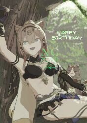  absurdres animal_ears armpits asymmetrical_gloves bikini bikini_top_only black_bikini black_gloves black_shorts blue_eyes breasts brown_hair can_(honkai_impact) cat_ears cat_girl coin commentary_request elbow_gloves feline female gloves green_eyes happy_birthday heterochromia highres holding holding_coin honkai_(series) honkai_impact_3rd medium_breasts nzg_09 open_mouth outdoors pardofelis pardofelis_(reverist_calico) short_hair_with_long_locks short_shorts shorts sitting_on_branch stomach swimsuit thighs uneven_gloves 