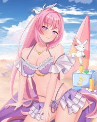  absurdres beach bikini breasts cleavage commentary cooler diamond-shaped_pupils diamond_(shape) elysia_(herrscher_of_human:_ego)_(honkai_impact) elysia_(honkai_impact) elysia_(summer_2023)_(honkai_impact) female hair_ornament heart heart_necklace highres homu_(honkai_impact) honkai_(series) honkai_impact_3rd itsmeyumicchi jewelry long_hair looking_at_viewer navel necklace ocean official_alternate_costume outdoors pink_hair purple_bikini purple_eyes sand solo stomach surfboard swimsuit symbol-shaped_pupils thighs very_long_hair 