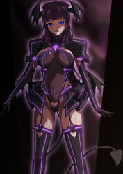  absurdres aoi_tabane ass_visible_through_thighs black_gloves black_hair black_leotard black_skirt black_thighhighs black_wings blue_eyes blunt_bangs blush breasts clothing_cutout commission corruption cosplay covered_navel dark_persona demon_tail demon_wings elbow_gloves female garter_straps gloves glowing halloween_costume head_wings heart heart_cutout highleg highleg_leotard highres impossible_clothes impossible_leotard kouyoku_senki_exs-tia large_breasts leotard liberator_(exs-tia) long_hair looking_at_viewer microskirt mind_control mole new_game! open_mouth pixiv_commission ponytail pubic_tattoo purple_hair see-through_clothes shiny_skin showgirl_skirt skin_tight skirt smile solo standing tail takimoto_hifumi tattoo thighhighs tiara variant_set wings 