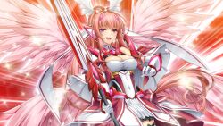  :d angel_wings breasts celestia_paladin cleavage covered_navel dress elbow_gloves feathered_wings female game_cg gauntlets gloves hair_between_eyes headgear holding holding_sword holding_weapon inoino kouyoku_senki_exs-tia large_breasts long_hair looking_at_viewer multiple_wings non-web_source official_art open_mouth pink_hair pink_wings pleated_skirt ponytail purple_eyes red_background ribbon rieszverne_suzette_paladill skirt smile solo sparkle standing sword teeth upper_teeth_only very_long_hair weapon white_dress white_gloves white_skirt white_wings wings 