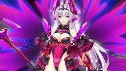  abystia_dragoon armor ass_visible_through_thighs bare_shoulders breasts cleavage corruption covered_navel cowboy_shot dark_persona demon_horns detached_sleeves elbow_gloves energy_wings faulds female game_cg gloves grin hair_between_eyes headgear highleg highleg_leotard holding holding_polearm holding_weapon horns inoino kouyoku_senki_exs-tia large_breasts leotard long_hair looking_at_viewer medium_breasts non-web_source official_art pink_eyes pointy_ears polearm ponytail pubic_tattoo purple_wings red_eyes rieszverne_suzette_paladill showgirl_skirt smile solo standing tail tattoo very_long_hair weapon white_hair wings 