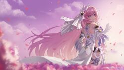  absurdres back breasts chinese_commentary commentary_request corset diamond-shaped_pupils diamond_(shape) elysia_(herrscher_of_human:_ego)_(honkai_impact) elysia_(honkai_impact) falling_petals female field flower flower_field gloves henjiwumei highres honkai_(series) honkai_impact_3rd long_hair looking_at_viewer miyoushe_watermark petals pink_flower pink_hair pink_tulip purple_eyes purple_sky sky smile solo symbol-shaped_pupils tulip veil very_long_hair watermark white_corset white_gloves white_veil 