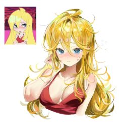  ahoge anime_screenshot_inset bare_arms bare_shoulders blonde_hair blue_eyes blush breasts breasts_apart cleavage cropped_torso derivative_work dot_nose dress embarrassed female hair_between_eyes hand_up hashtag-only_commentary highres long_hair medium_breasts nose_blush panty_&amp;_stocking_with_garterbelt panty_(psg) red_dress scene_reference screenshot_inset screenshot_redraw simple_background sleeveless sleeveless_dress sycisycii upper_body wavy_hair white_background 