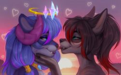  absurd_res anthro black_body black_fur blue_eyes canid canine canis collar crown duo face_lick felid female female/female fur hair headgear hi_res horn jacki_northstar licking love mammal pantherine pointy_ears purple_body purple_fur purple_hair purrity red_hair rounded_ears teeth tongue veliren_rey wolf 
